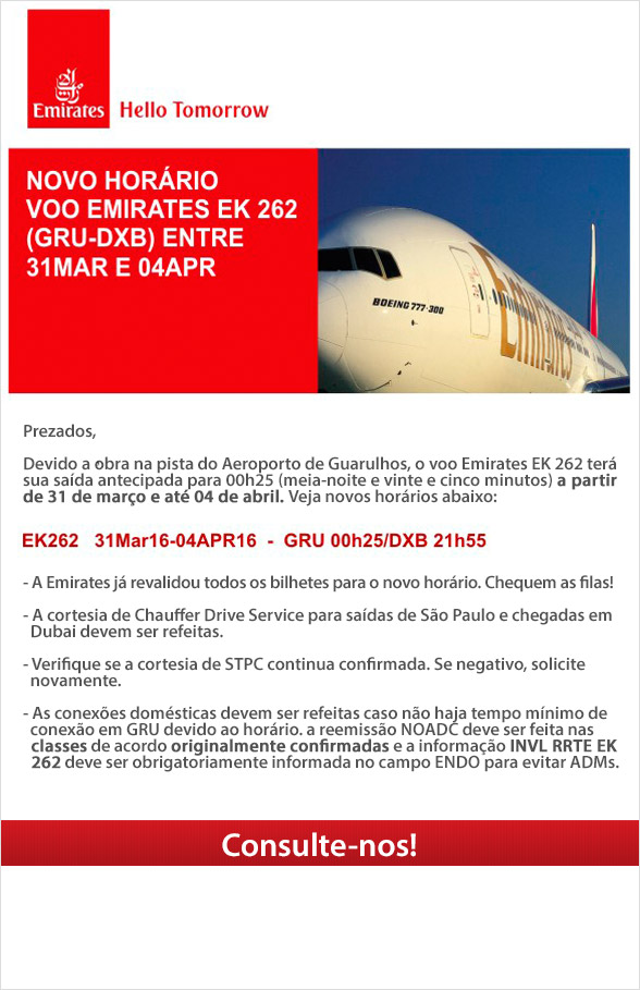 Novo horário EK 262 (GRU - DXB)